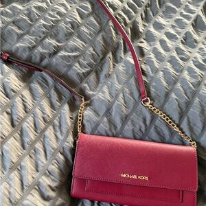 Michael Kors Burgundy Crossbody Wallet/Bag with Gold Chain